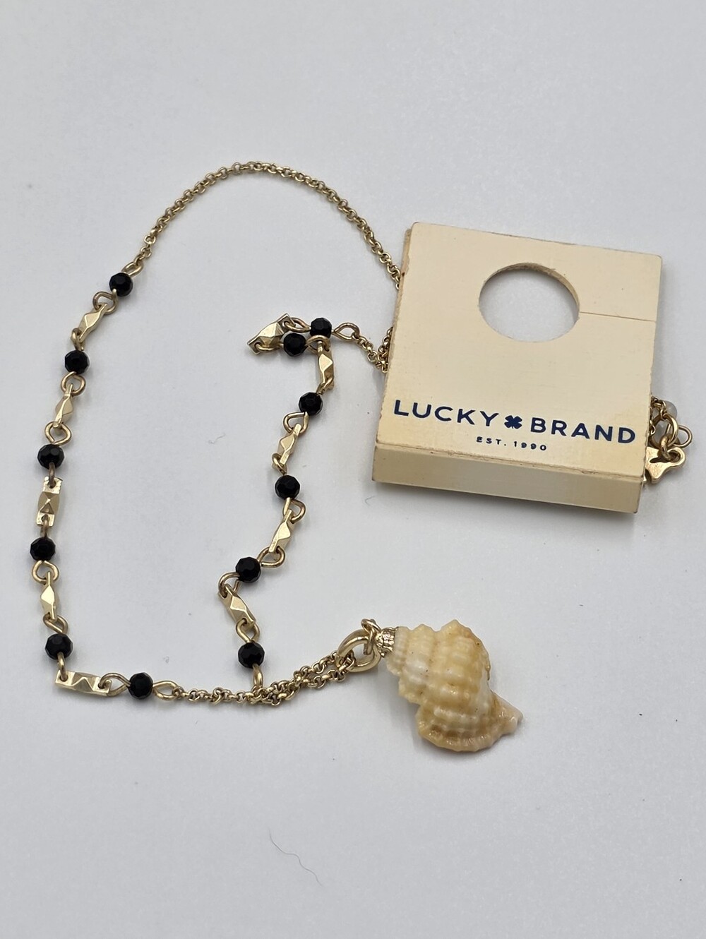 Lucky Brand Gold Chain Necklace with Black Beads and Shell Charm New